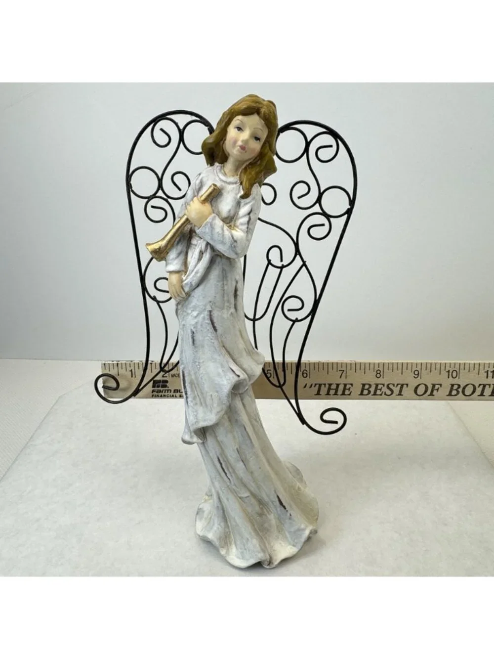 Vintage Rustic White Christmas Angel Figurine With Metal Wings Gold Trumpet 11" - Picture 9 of 10